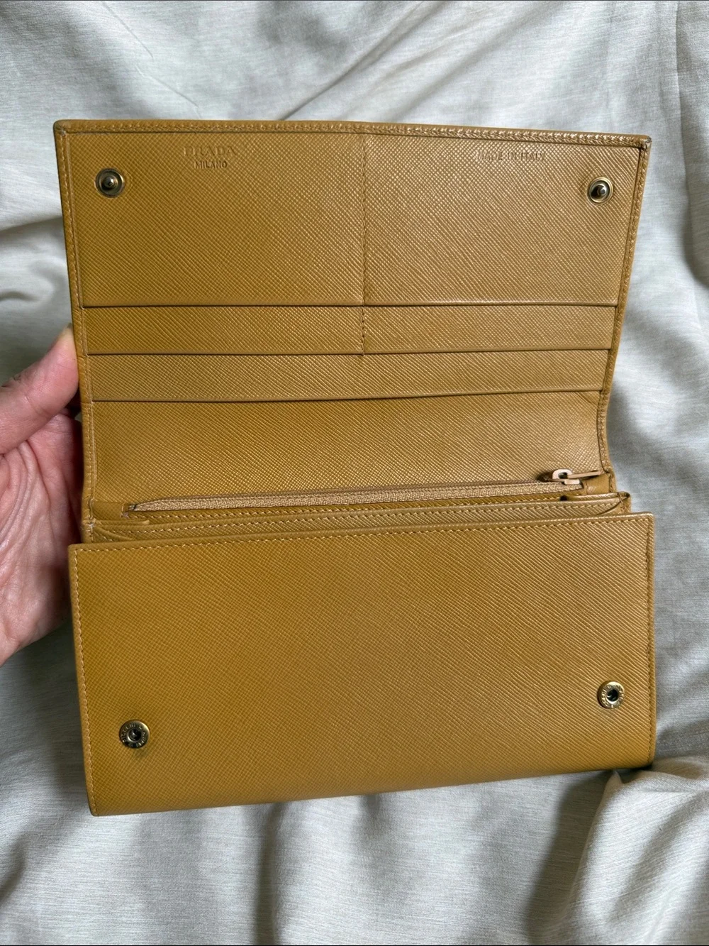 Prada Saffiano Leather Flap Wallet in Mustard Yellow